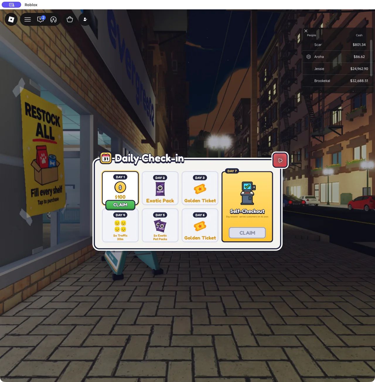 Daily Check-in screen showing Self-Checkout as the Day 7 reward with its Claim button disabled on Day 1