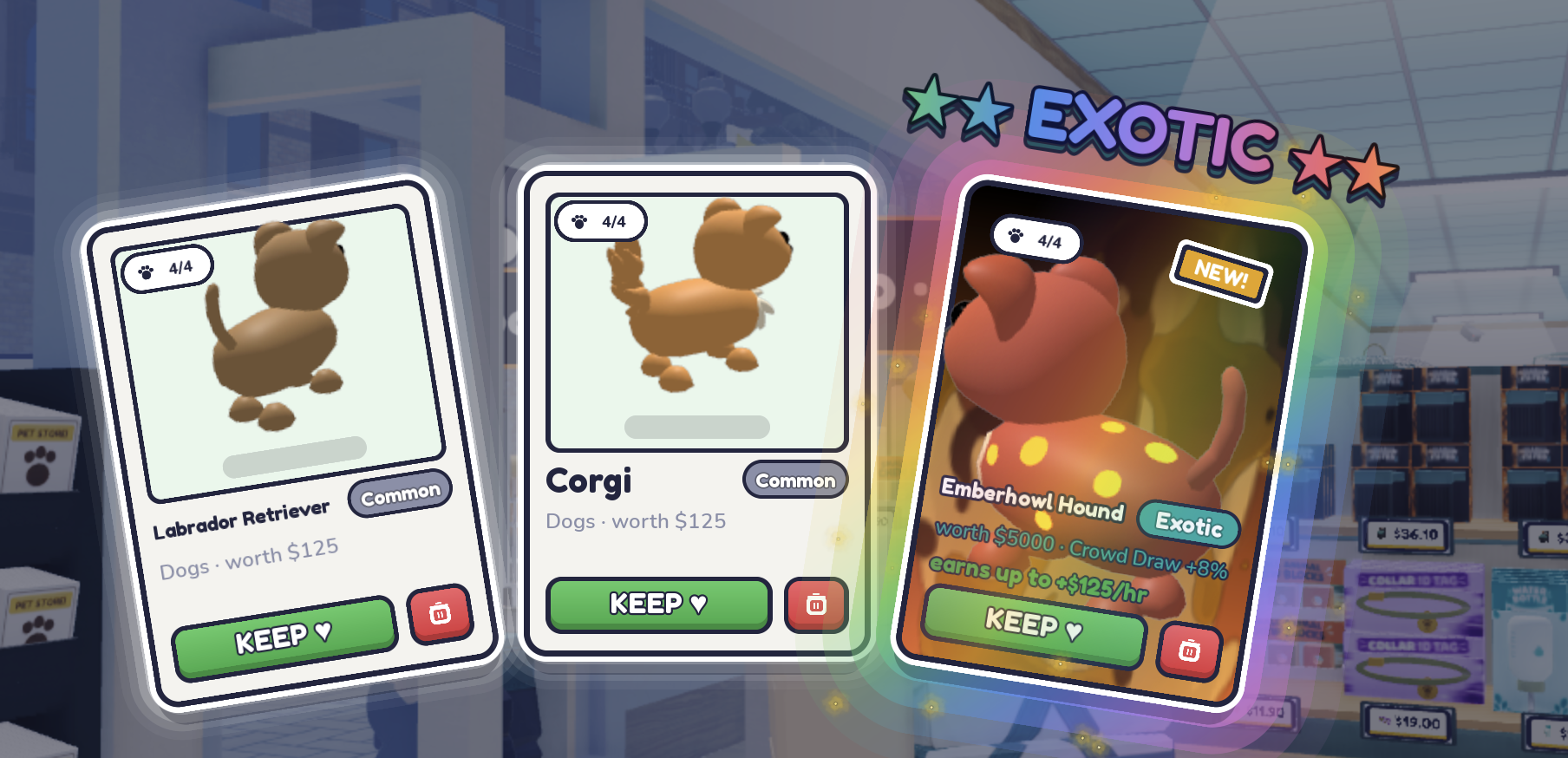 Opening cards showing Labrador Retriever and Corgi worth $125 each and Exotic Emberhowl Hound worth $5,000, Crowd Draw +8% and earnings up to $125/hr.