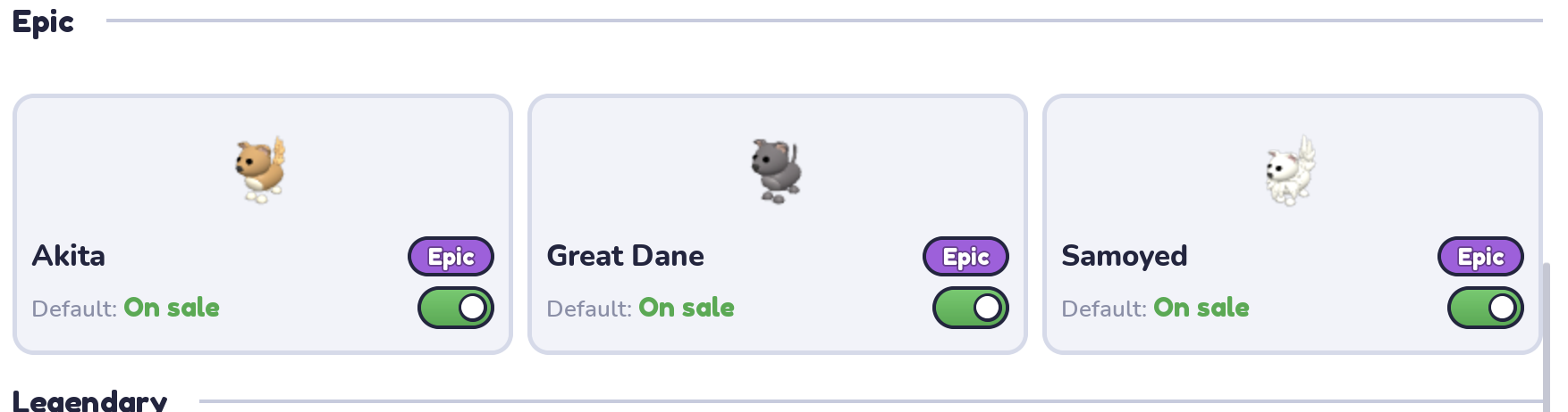 Epic dogs: Akita, Great Dane and Samoyed, all default on sale.