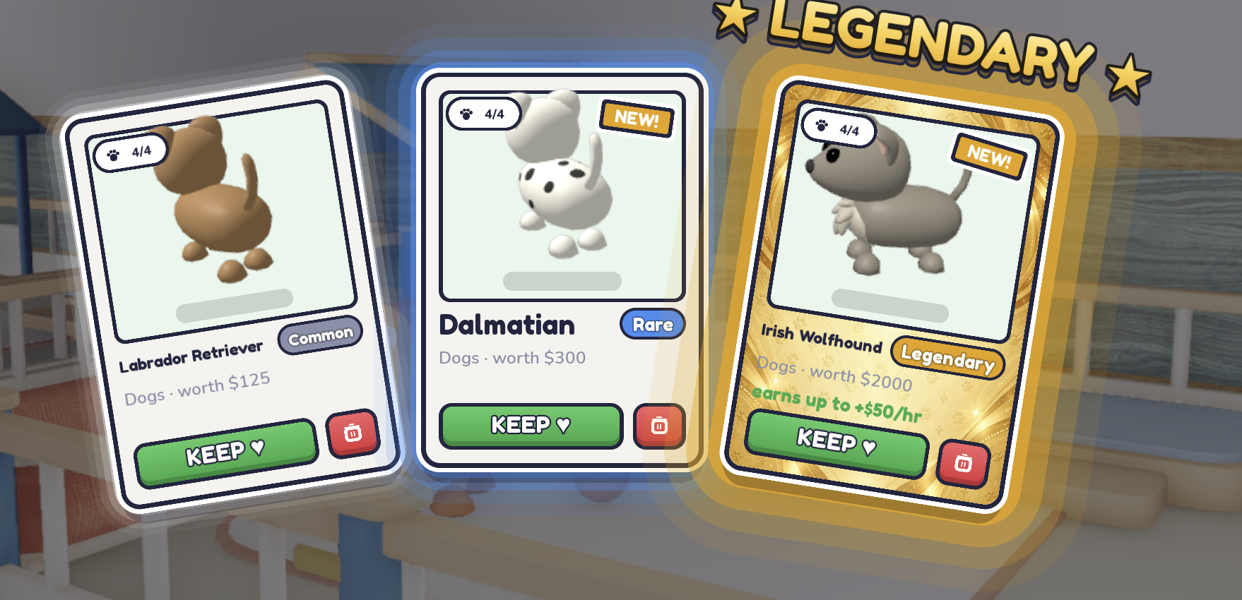 Opening cards showing Labrador Retriever worth $125, Dalmatian worth $300 and Legendary Irish Wolfhound worth $2,000 with earnings up to $50/hr.