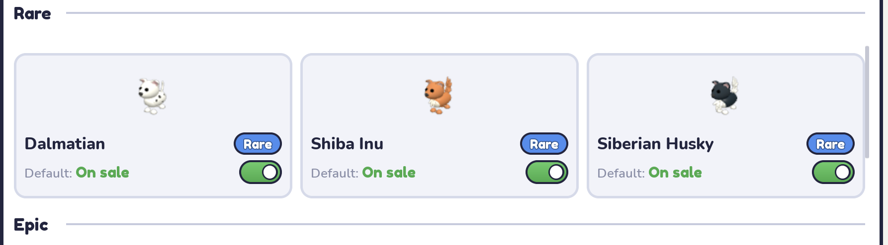 Rare dogs: Dalmatian, Shiba Inu and Siberian Husky, all default on sale.