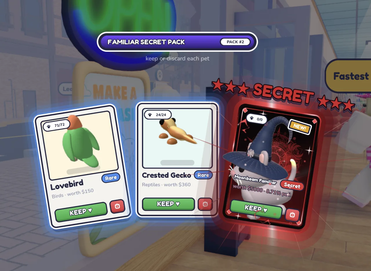 Familiar Secret Pack #2 result: Lovebird (Rare, Birds, worth $150), Crested Gecko (Rare, Reptiles, worth $360) and Moonbeam Familiar (Secret, worth $5,000, 0.71% pull) marked NEW!, each with Keep and discard buttons.
