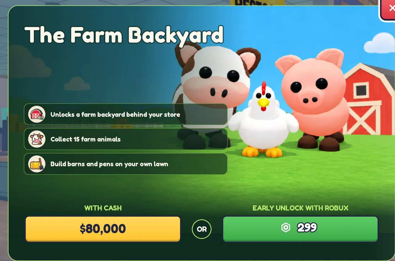 The Farm Backyard unlock panel: With cash $80,000, or early unlock with Robux 299.