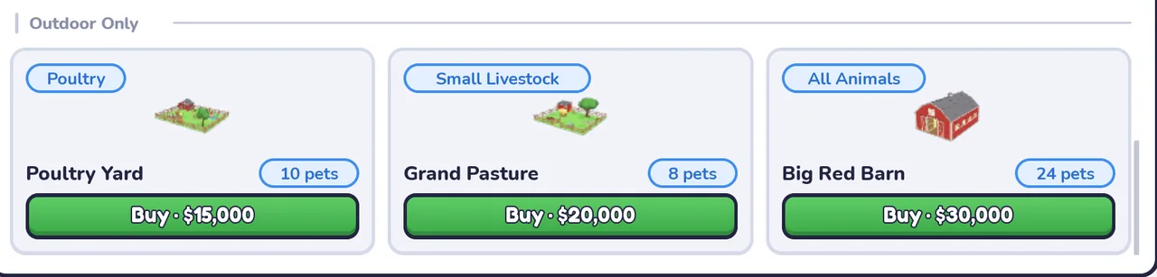 Outdoor Only build cards: Poultry Yard, Poultry, 10 pets, Buy $15,000; Grand Pasture, Small Livestock, 8 pets, Buy $20,000; Big Red Barn, All Animals, 24 pets, Buy $30,000.