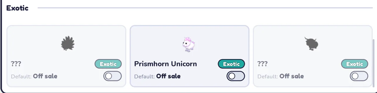Exotic farm animals: a hidden ??? silhouette, Prismhorn Unicorn and a second hidden ??? silhouette, all default off sale.