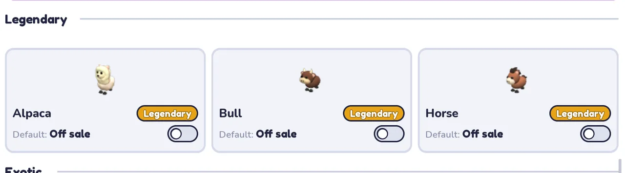Legendary Alpaca, Bull and Horse, all default off sale.