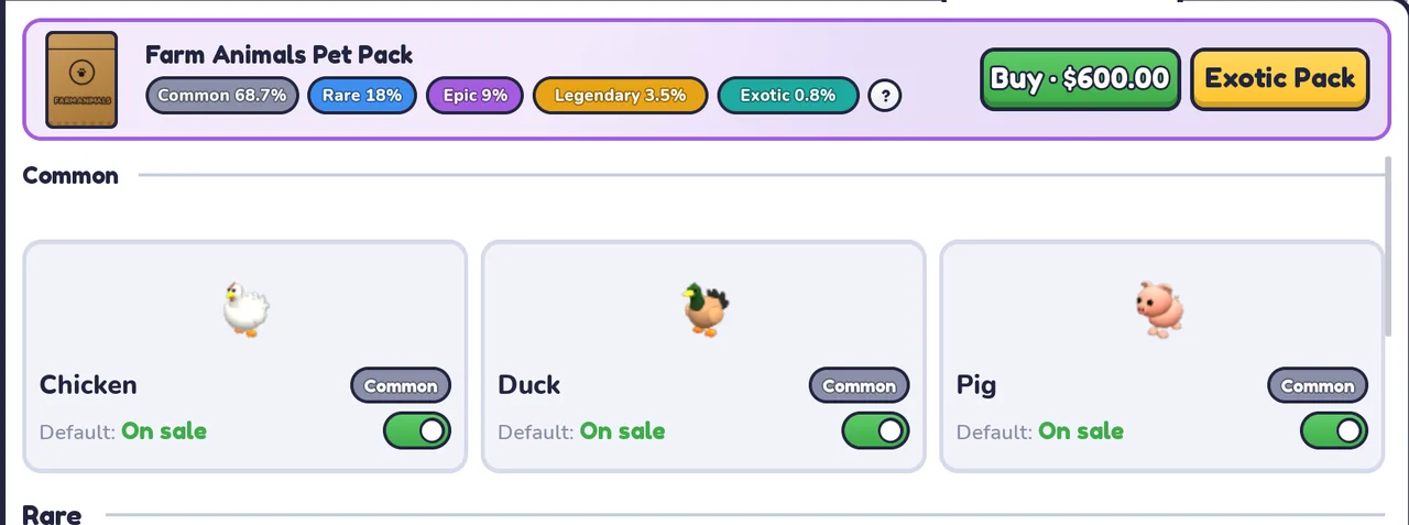 Farm Animals Pet Pack, Buy $600.00, Common 68.7%, Rare 18%, Epic 9%, Legendary 3.5%, Exotic 0.8%, Exotic Pack button; Common Chicken, Duck and Pig, all default on sale.
