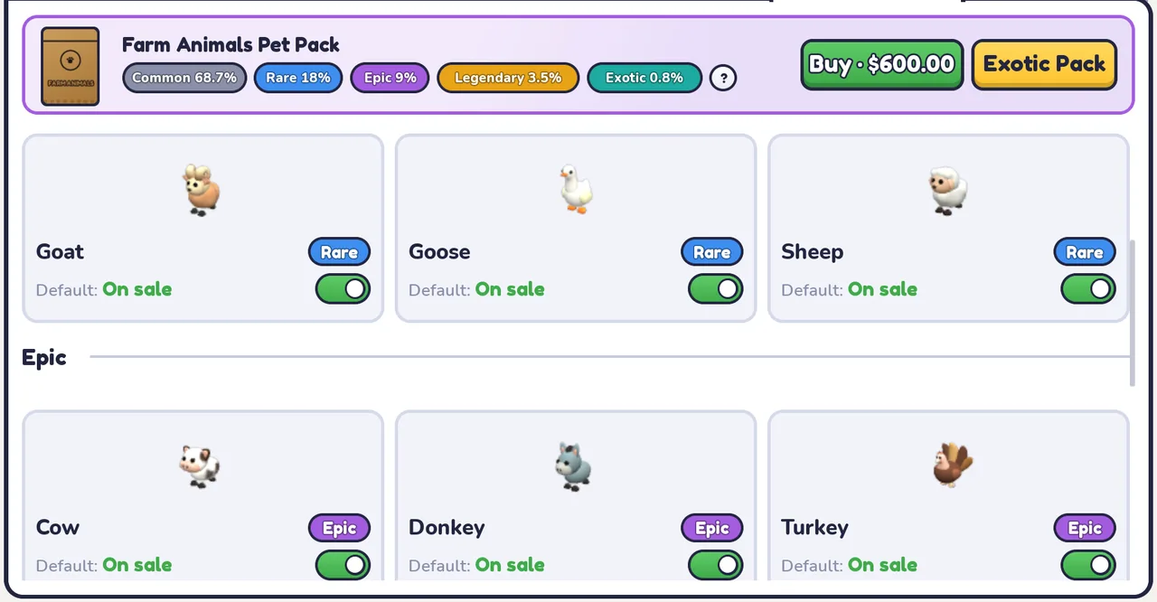 Rare Goat, Goose and Sheep and Epic Cow, Donkey and Turkey, all default on sale, under the $600 Farm Animals Pet Pack.