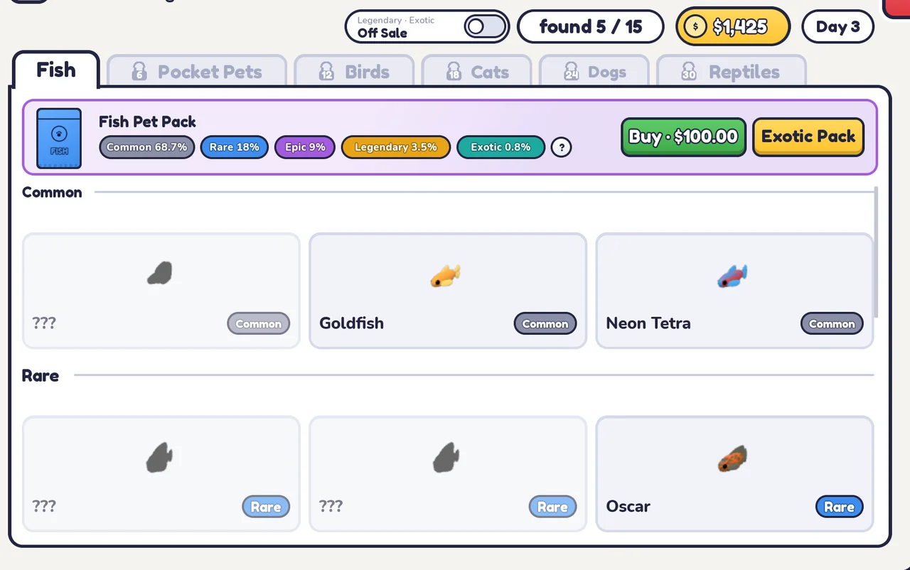 Fish Pet Pack priced at $100 with rarity odds, named fish and locked animal-category tabs