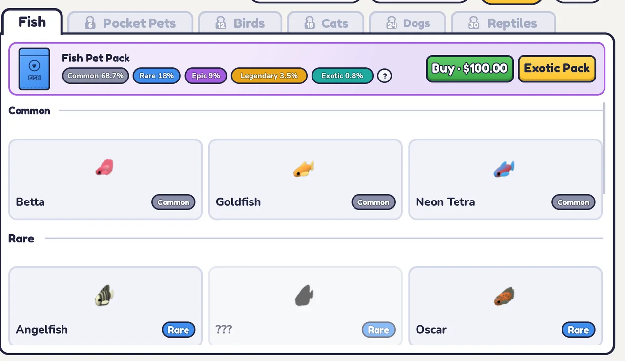 Fish catalogue showing Betta, Goldfish and Neon Tetra as Common, and Angelfish and Oscar as Rare