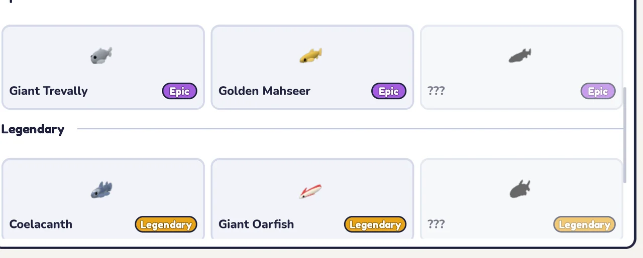 Fish catalogue showing Giant Trevally and Golden Mahseer as Epic, and Coelacanth and Giant Oarfish as Legendary