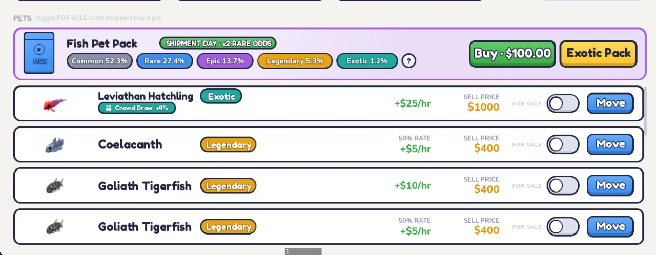 Fish Pet Pack showing Shipment Day odds and Leviathan Hatchling and Goliath Tigerfish entries