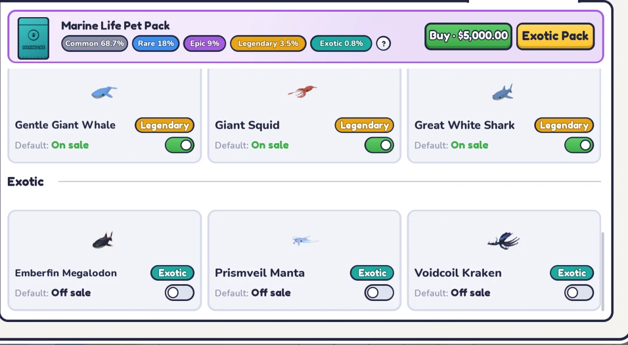 Marine Life Pet Pack priced at $5,000 with rarity odds and three Legendary and three Exotic collection entries