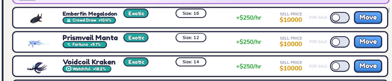 Emberfin Megalodon, Prismveil Manta and Voidcoil Kraken enclosure rows with size, sell price and income