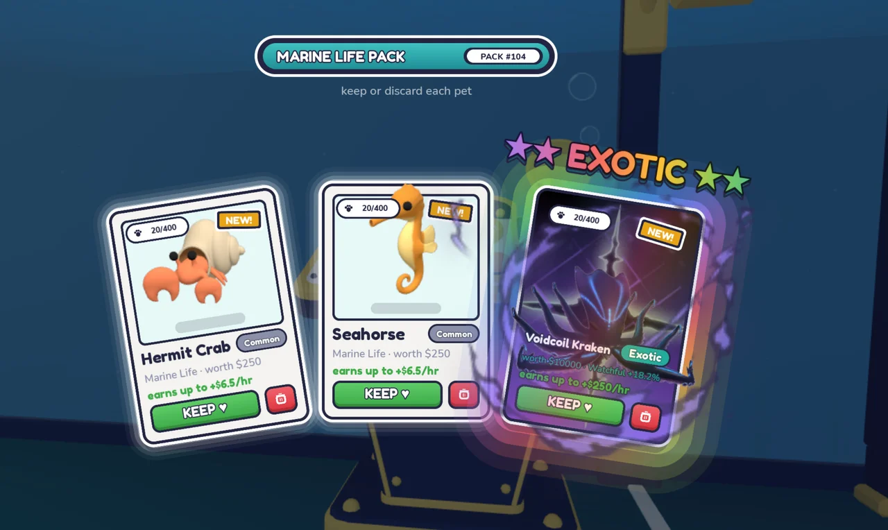 Marine Life pack results showing Hermit Crab, Seahorse and Exotic Voidcoil Kraken