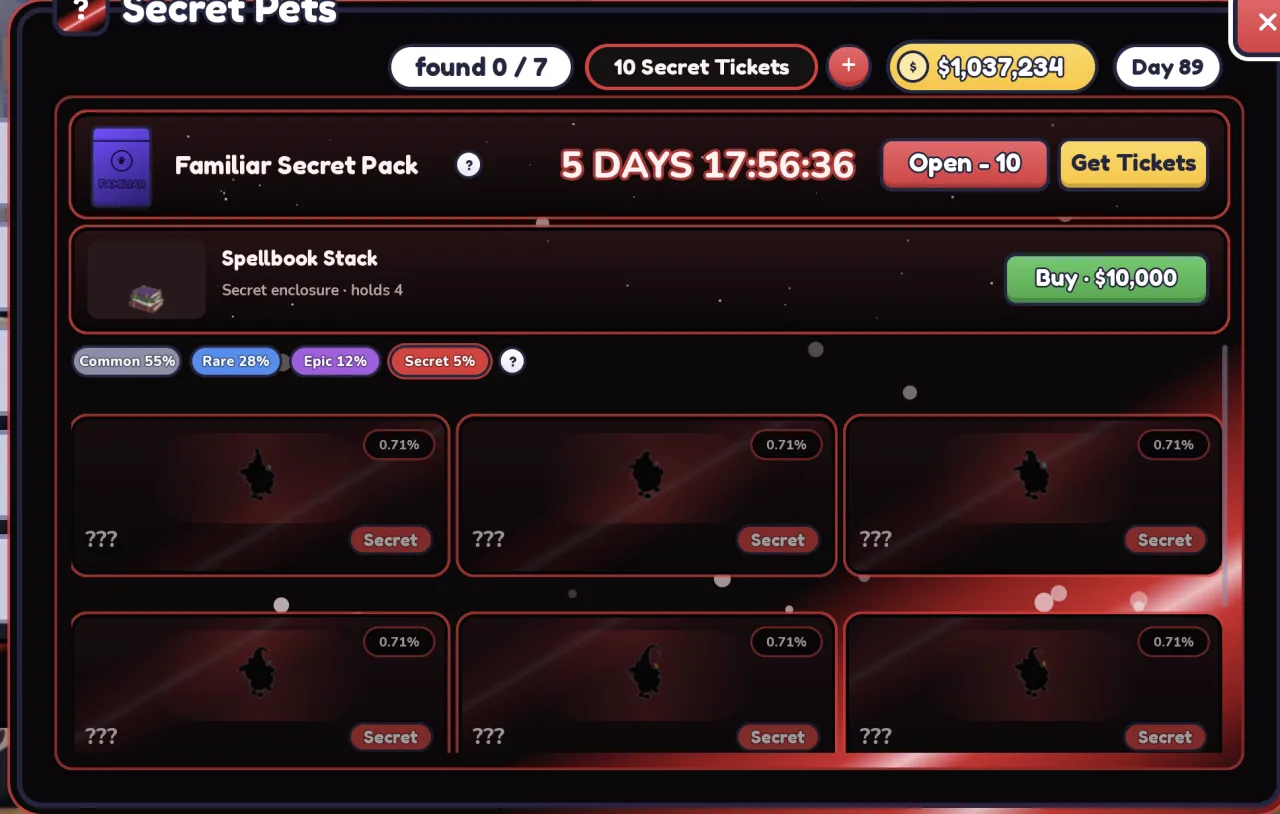 Secret Pets screen: found 0 of 7, 10 Secret Tickets, Familiar Secret Pack with a 5-day countdown and Open – 10 button, Spellbook Stack for $10,000, odds Common 55%, Rare 28%, Epic 12%, Secret 5%, and Familiar silhouettes at 0.71% each.