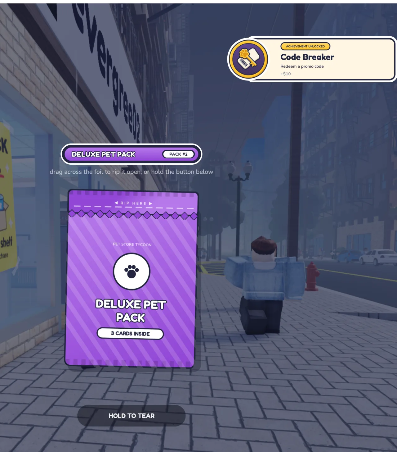 Deluxe Pet Pack opening screen after SNEK redemption, with a separate Code Breaker achievement awarding $10.
