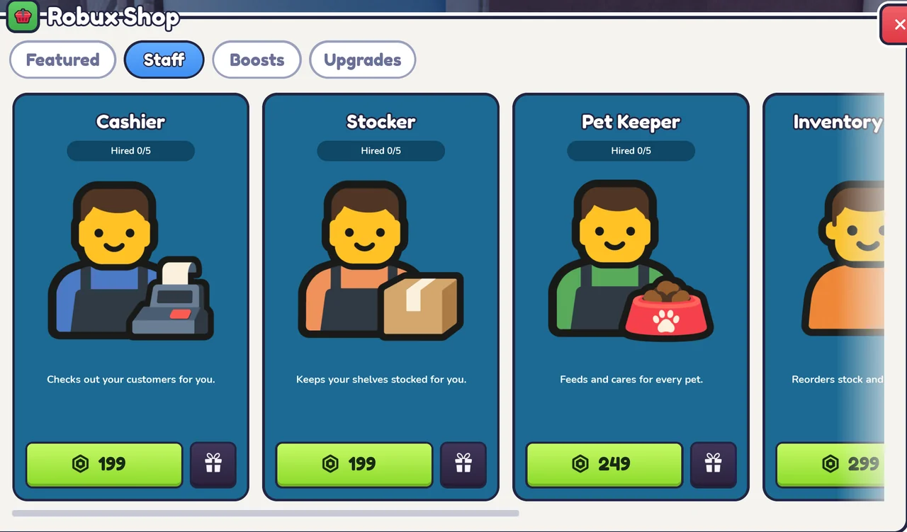 Robux Shop Staff tab: Cashier 199, Stocker 199 and Pet Keeper 249 Robux