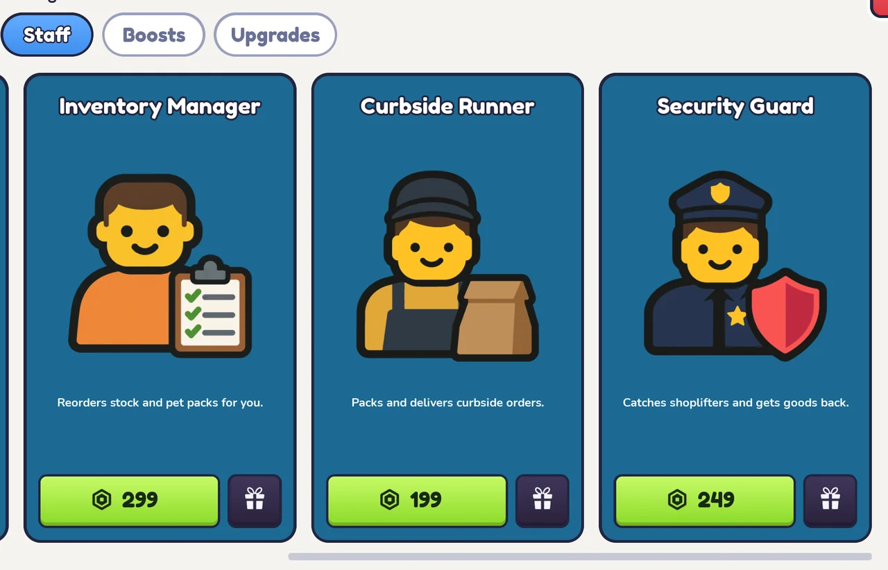 Staff cards: Inventory Manager 299, Curbside Runner 199 and Security Guard 249 Robux