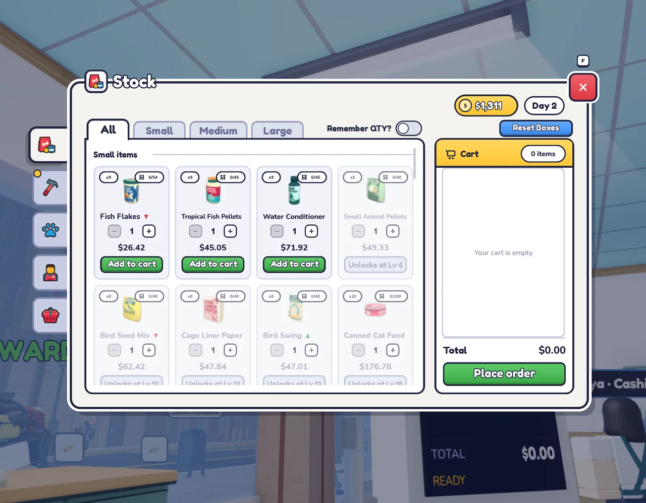 Stock menu with product quantities, Add to cart buttons, Cart total and Place order