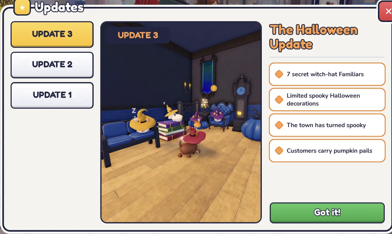 In-game Updates panel, Update 3, The Halloween Update: 7 secret witch-hat Familiars, limited spooky Halloween decorations, the town has turned spooky, customers carry pumpkin pails.