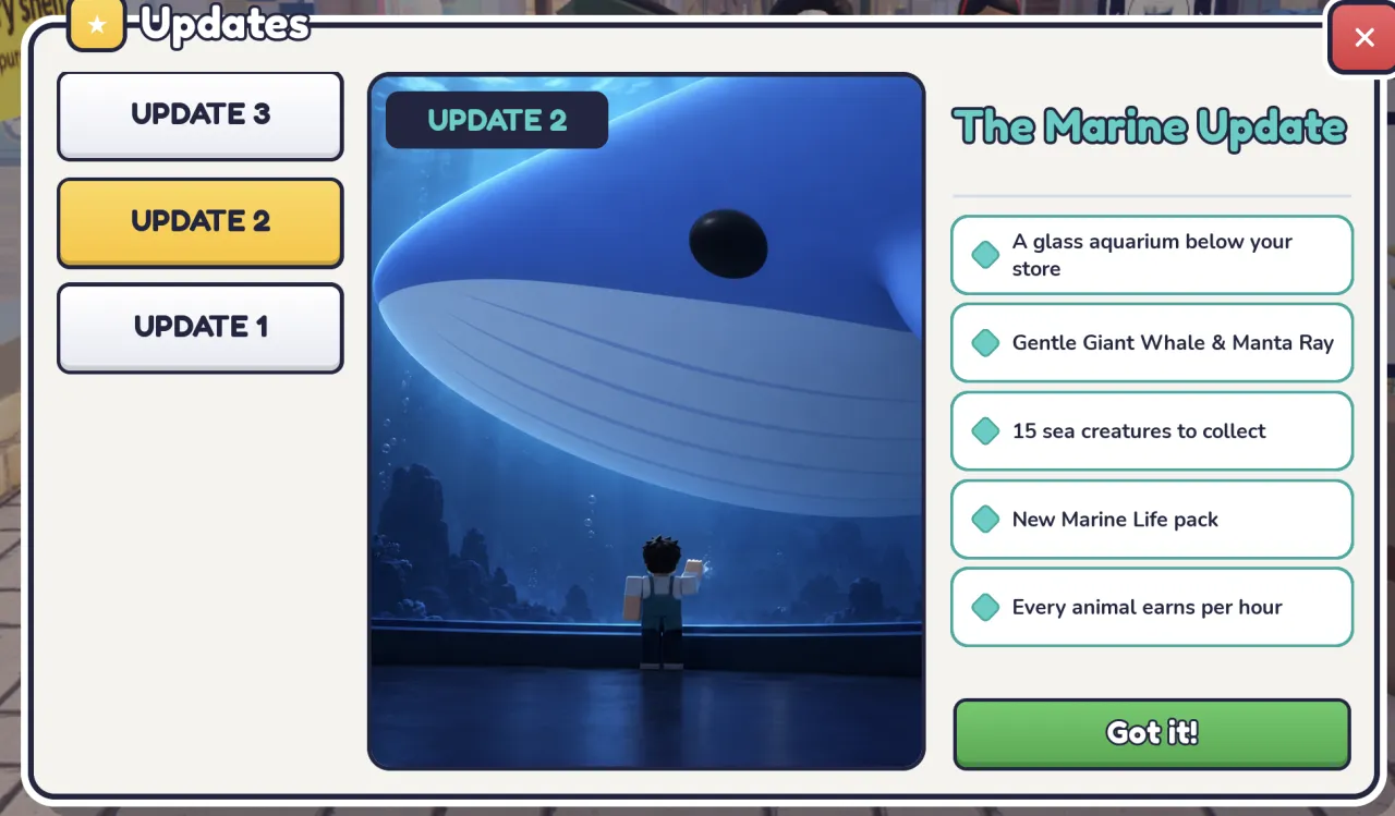 In-game Updates panel, Update 2, The Marine Update: a glass aquarium below your store, Gentle Giant Whale and Manta Ray, 15 sea creatures to collect, new Marine Life pack, every animal earns per hour.