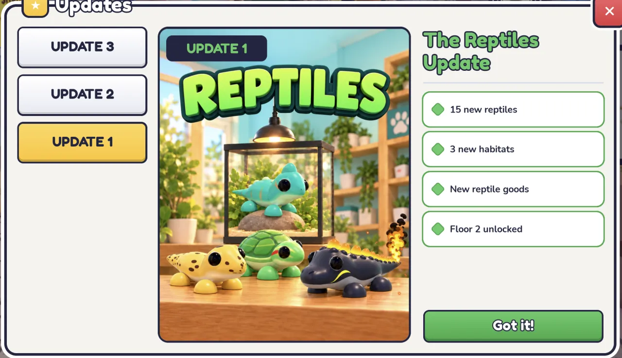 In-game Updates panel, Update 1, The Reptiles Update: 15 new reptiles, 3 new habitats, new reptile goods, Floor 2 unlocked.