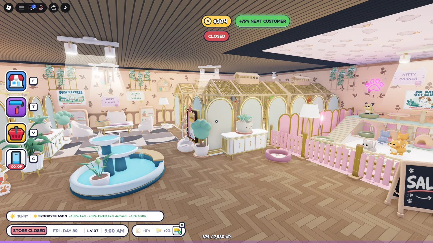 A pastel animal area with blue display platforms, pink fences and cream-and-gold enclosure frames.