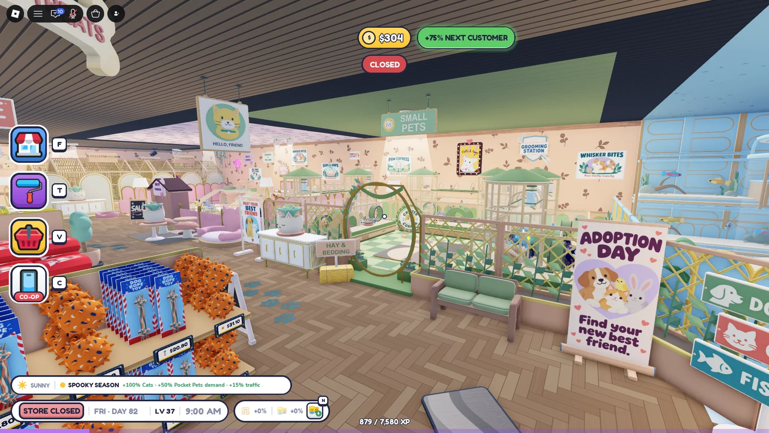 Mint small-pet enclosures and an Adoption Day sign beside a blue aquarium zone.