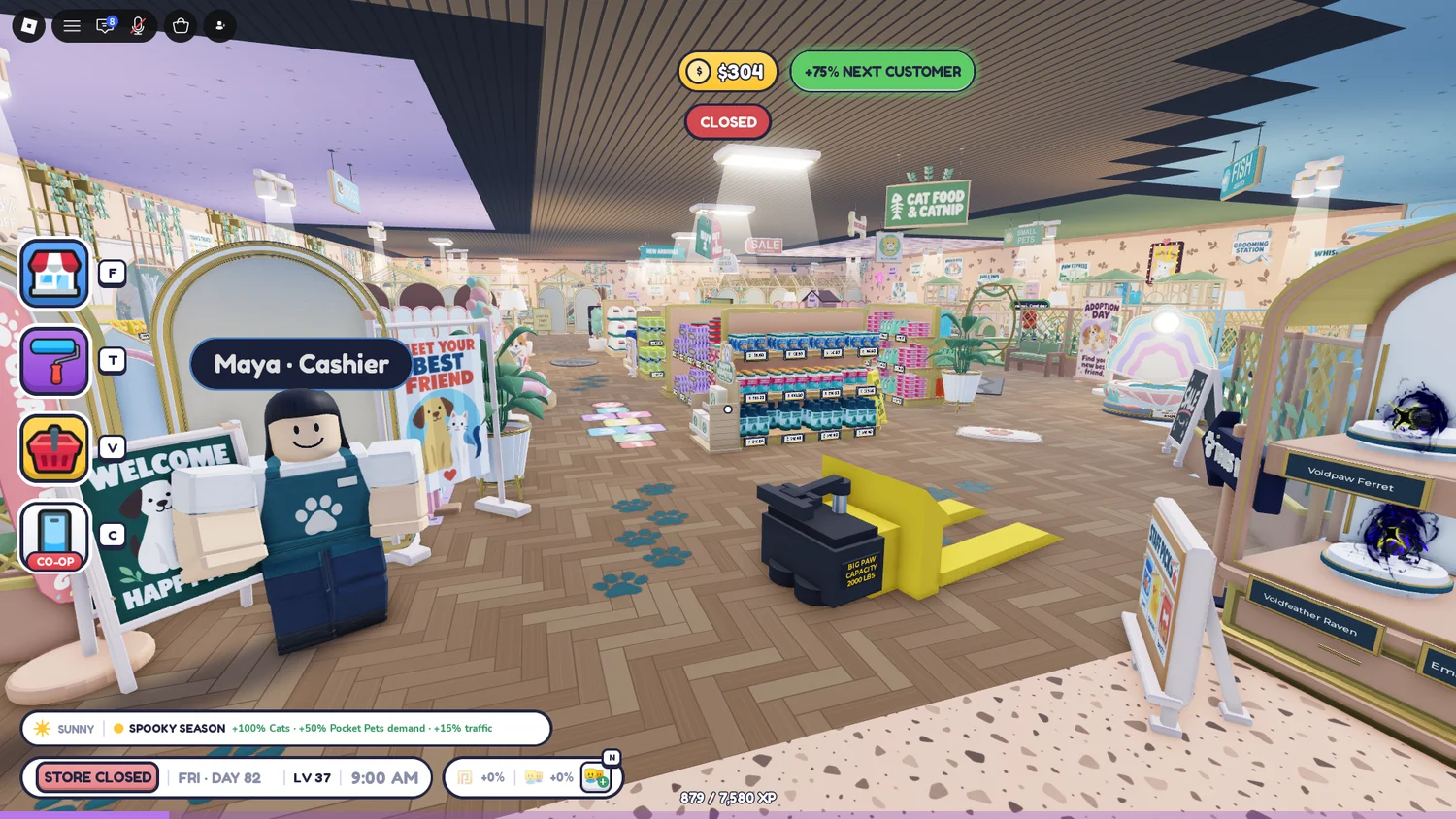 A view from the checkout into the main merchandise aisle, with paw-print floor accents.