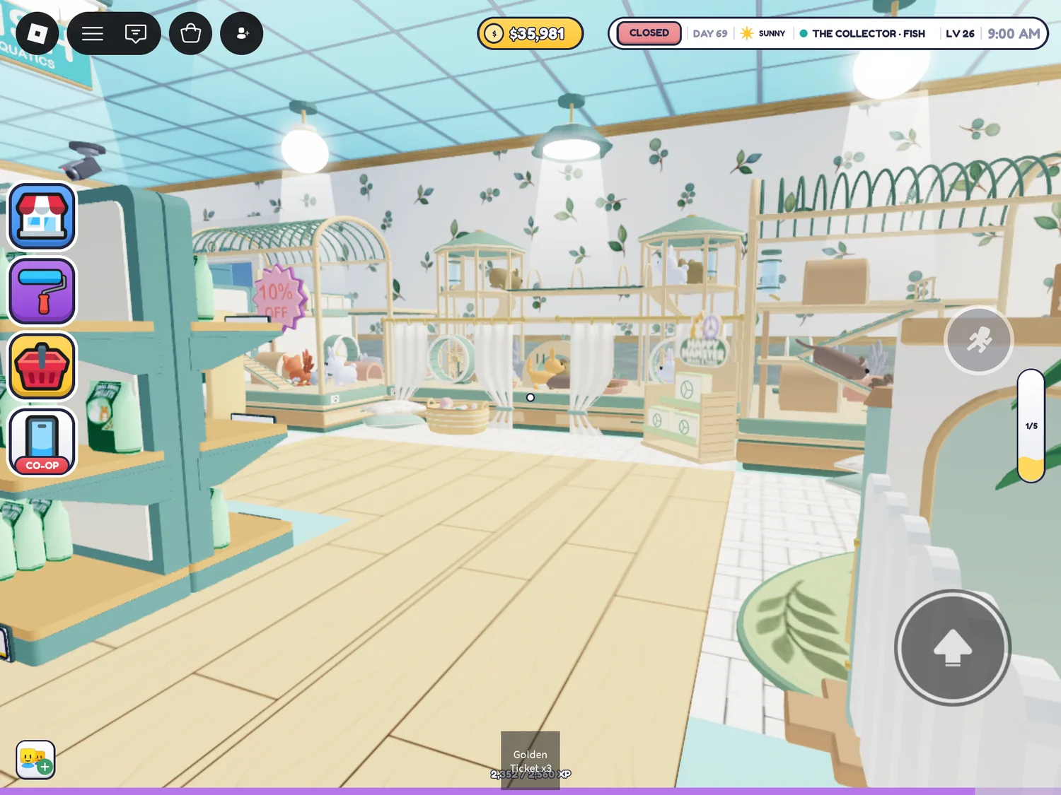 Wooden aisle between a mint merchandise shelf and small-pet enclosures.
