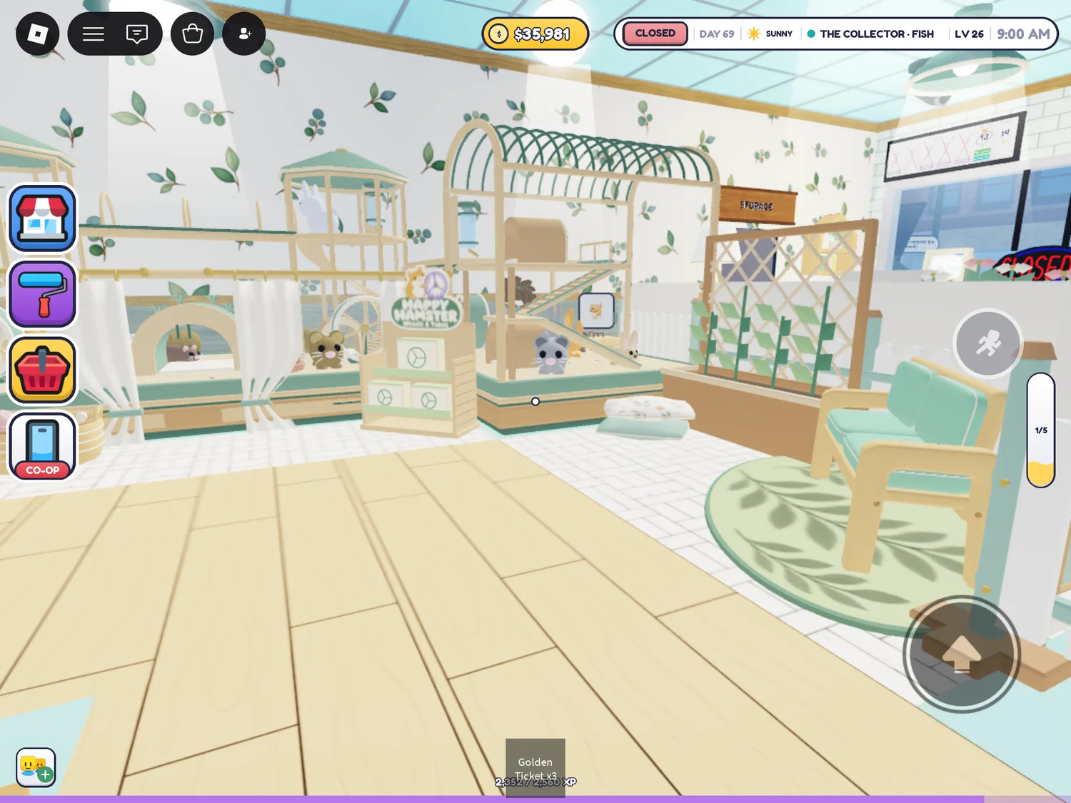 Leaf-patterned wall behind pastel pet enclosures and a seating corner.