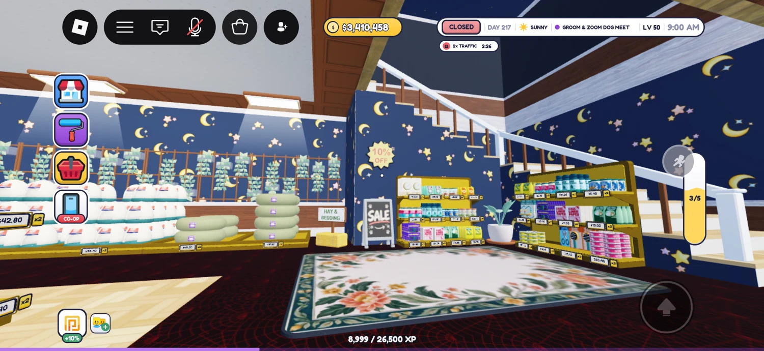 Staircase above a display corner with stocked shelves, a floral rug and celestial wallpaper.