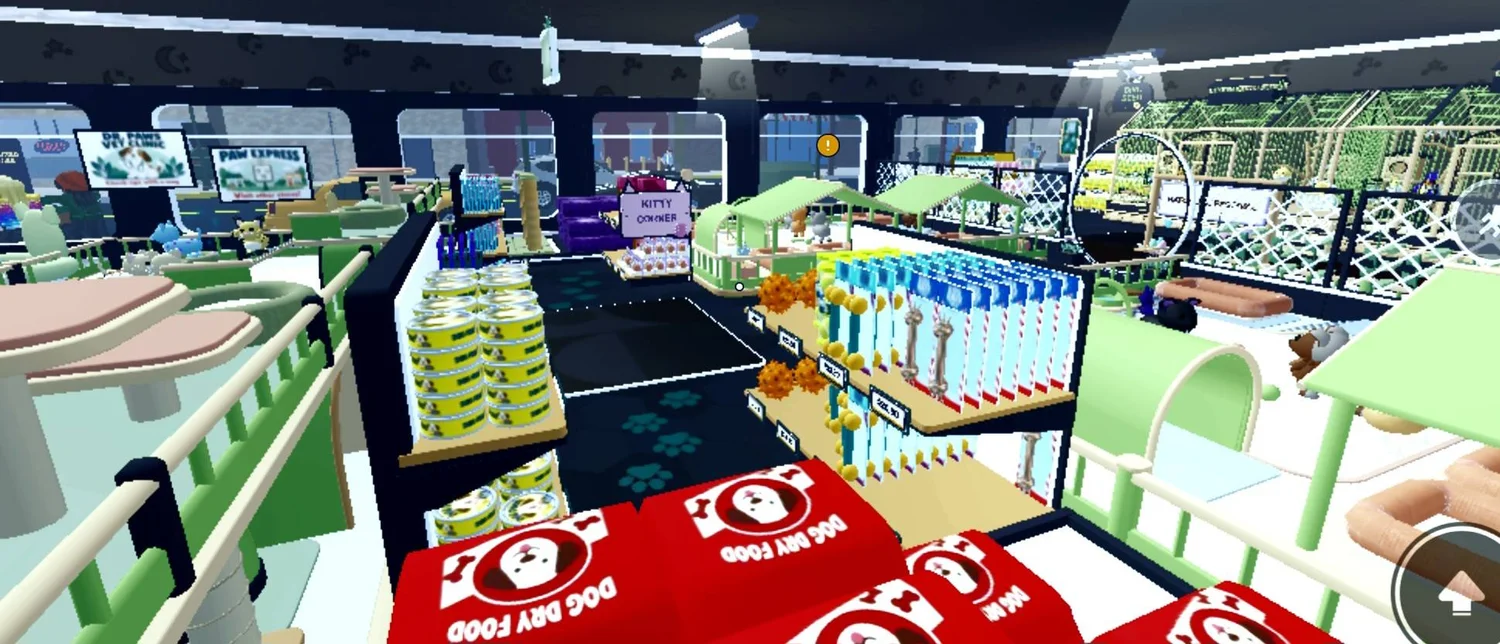 Stocked pet-food and accessory shelves between pale green animal enclosures.