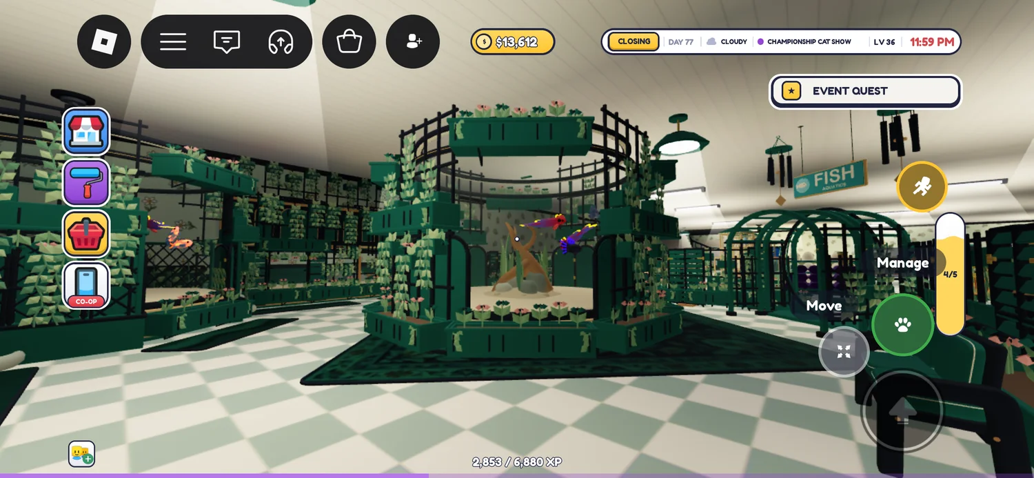 Front view of the central aquarium on a dark green rug beside an open checkerboard aisle.