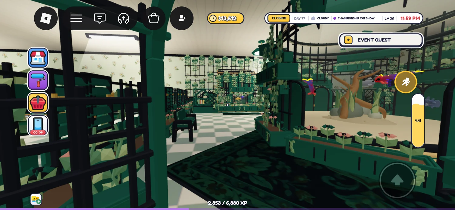 Side view of the central aquarium and the checkerboard path beside planted display walls.