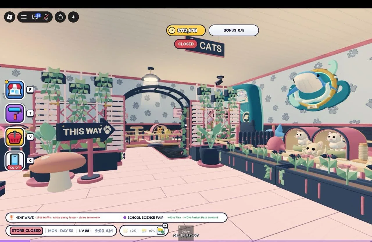 Cat area with a dark arch, pink trellises, flowers and a This Way sign beside pastel pet beds.
