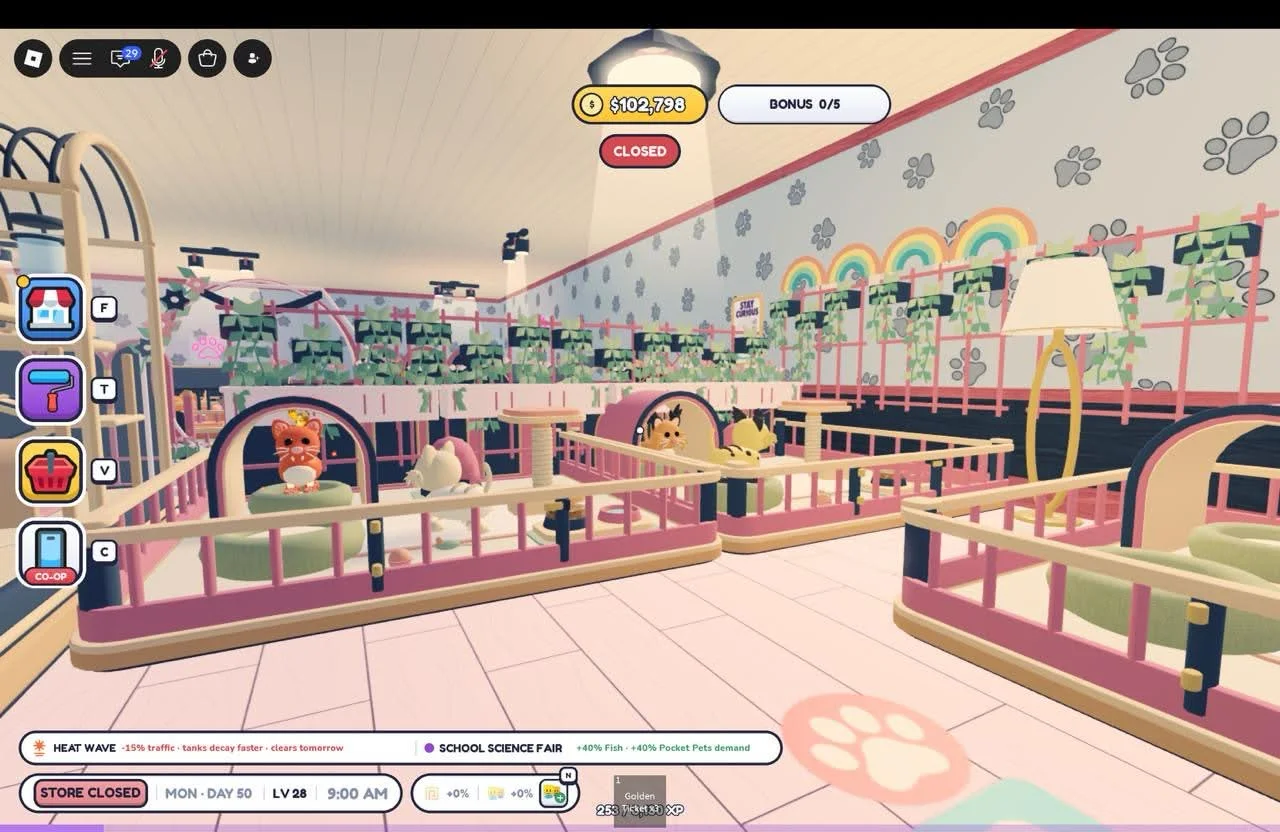 Pink-and-gold animal pens with pastel beds, planted dividers and rainbow wall accents.