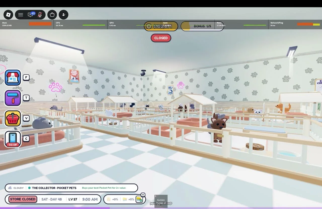 Cat area with low pale dividers, paw-pattern wallpaper and pink glowing wall accents.