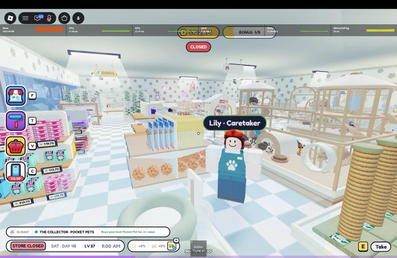Small-pet enclosures beside a stocked merchandise shelf and a caretaker avatar.