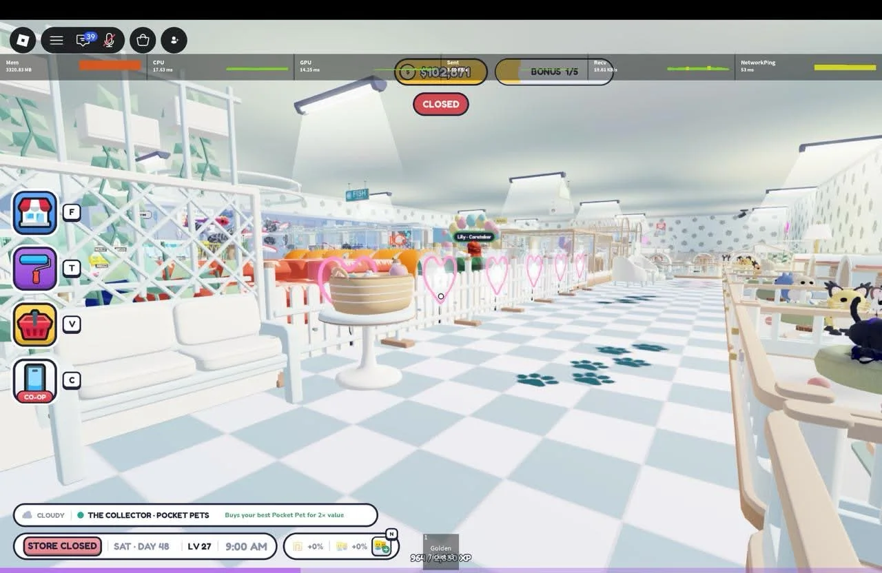 Long checkerboard aisle with dark paw prints between pastel pet displays.