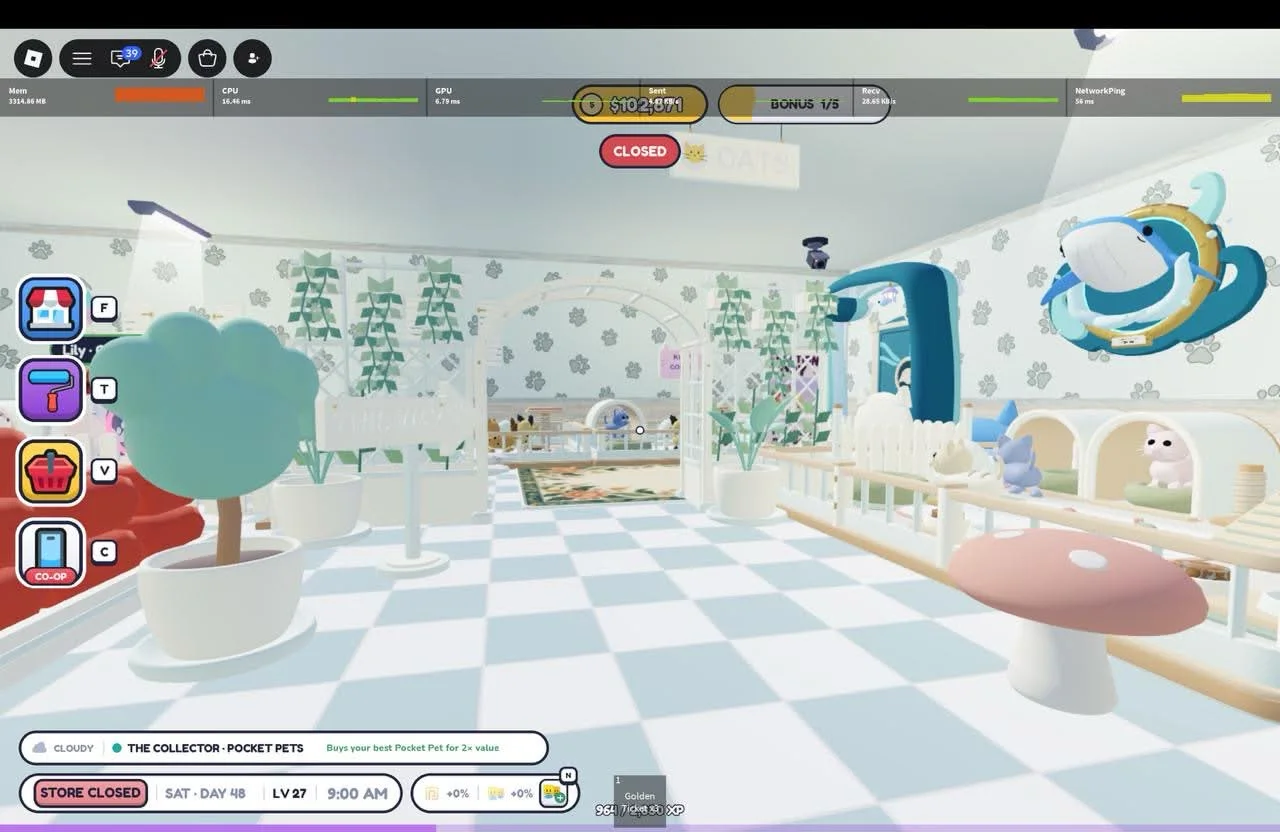 Pastel pet area with oversized mushroom-shaped decorations and hanging plants.