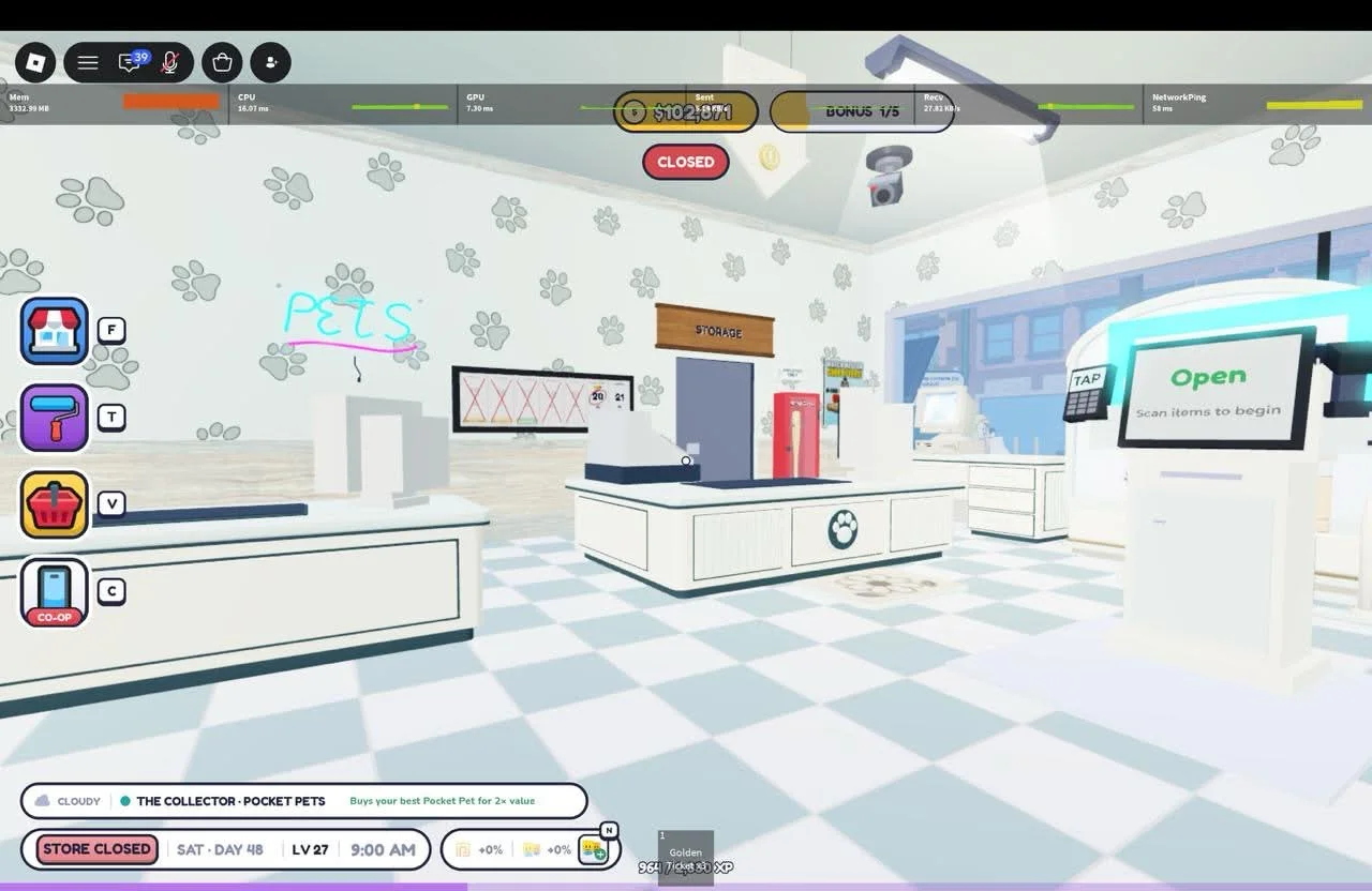 White checkout counters beside front windows and an Open sign in a pastel pet store.