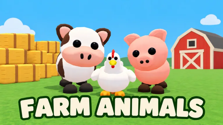 Official Farm Animals event image showing a cow, a white chicken and a pig in front of hay bales and a red barn