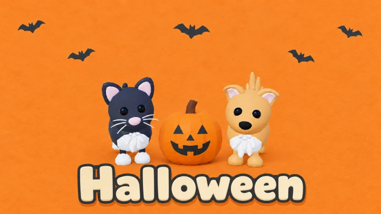 Official Halloween event image showing a black cat and a tan pet in white ruffs beside a jack-o-lantern