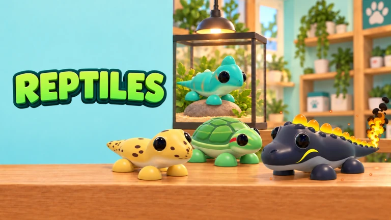 Official Reptiles event image showing a gecko, turtle, chameleon and fiery lizard in a pet shop